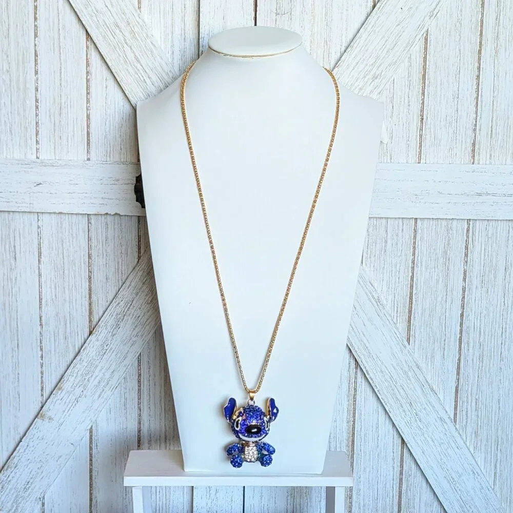 Betsey Johnson Dark Blue Crystal Gold Toned Stitch Necklace - New - Picture 2 of 3